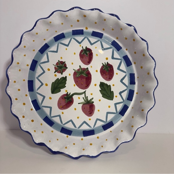 Mesa Intl Fruit Strawberry Pie Baking Dish/Plate 10" Hand Painted Pottery Signed - Picture 1 of 5